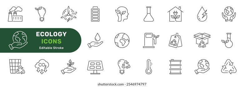 Conjunto De Ícones De Linha De Atendimento Ao Ambiente. Ecologia Solar, Vento, Água Energia Elétrica Outline Sign. Símbolo de energia elétrica limpa. Conservação do Meio Ambiente. Traço editável. Ilustração de vetor isolada.