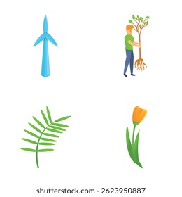 Environment caring icons set cartoon vector. Man planting tree near windmill. Ecology, environmental protection