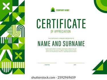 Environment certificate template with green geometric shapes. Vector modern environmental diploma of appreciation layout with a green abstract modular pattern on the left side and natural elements