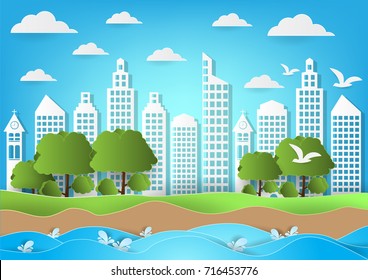 Environment of city with sea and beach background. paper art style vector illustration