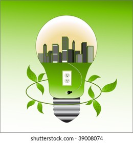 Environment concept - city in lightbulb with socket and plug  leaves around