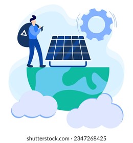 Environment concept flat style vector illustration. The character of people to protect nature, save the earth with environmentally friendly energy.