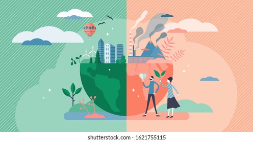 Environment concept, flat tiny persons couple vector illustration. Green and healthy planet earth versus industrial pollution and global warming issues. Renewable power and sustainable development.