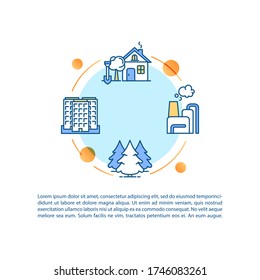 Icono de concepto de entorno con texto. smog urbano y contaminación industrial. Naturaleza de pueblo y aire fresco. Plantilla vectorial de página PPT. Folleto, revista, elemento de diseño de folletos con ilustraciones lineales