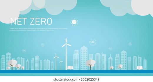 Environment concept Net zero Carbon City, vector wind mill solar panel green energy electrical car tree