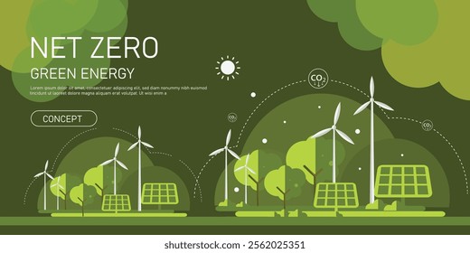 Environment concept Net zero Carbon City, vector wind mill solar panel green energy electrical car tree
