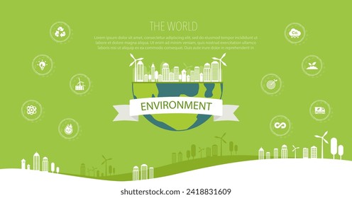 The environment concept. Sustainability. Vector illustrations and icons on a green background.