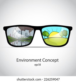 Environment concept vector illustration. Glasses with two different landscapes clear, eco, bio and pollution industry.