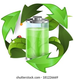 Environment Concept with Young Green Sprout, Battery and Recycling Symbol, vector isolated on white background