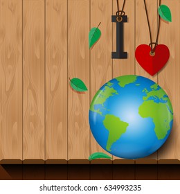 Environment concept.Let's save the world and love the nature with 3d earth and paper art flat style.On wood texture background.Vector illustration.