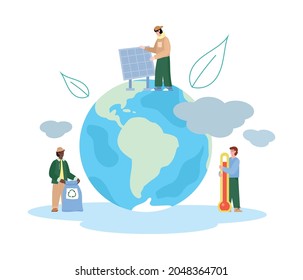 Environment conservation banner concept on topic of global warming and using alternative energy resources, flat vector illustration isolated on white background.