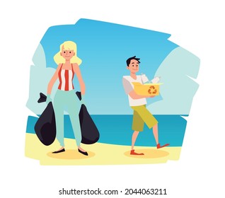 Environment conservation and coastal cleanup concept of banner people on beach collecting trash into bag, flat vector illustration isolated on white background.