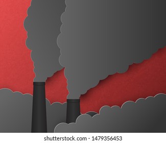Environment conservation concept. Smoke pollution that floats out of the industrial chimneys. Vector illustration paper art in paper cut style.