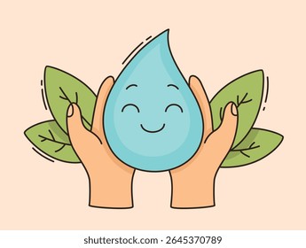 Het concept van milieubehoud. Water valt in je handen. Platte vectorillustratie.