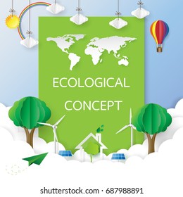 Environment conservation with eco and nature concept.Green card with paper art style.Vector illustration.