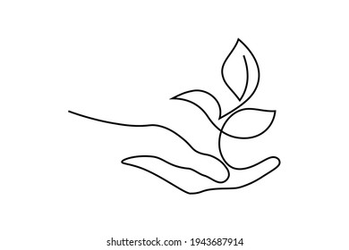 Environment conservation icon in continuous line art drawing style. Plant in human hand as a symbol of nature protection and eco friendly consumption black linear design isolated on white background