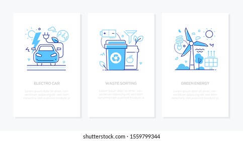 Environment Conservation - Line Design Style Banners Set. Thin Linear Illustrations With Place For Your Text. Electro Car, Waste Sorting, Green Energy Ideas. Wind Turbine, Solar Panel, Recycling Bins