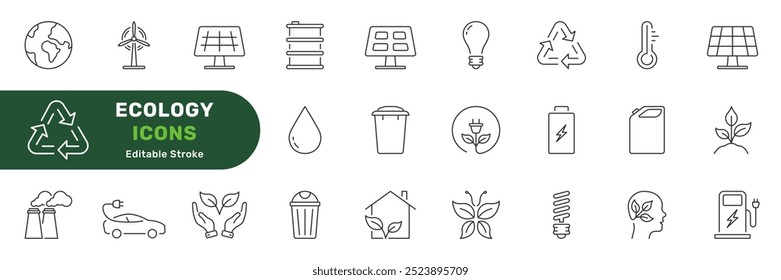 Environment Conservation Line Icon Set. Electricity Power Pictogram. Eco Alternative Natural Renewable Energy Sign Editable Stroke. Isolated Vector Illustration.