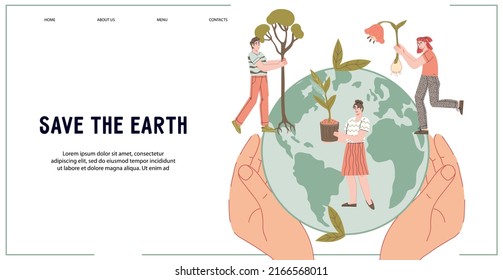 Environment conservation, planet greening and ecology, save the earth concept with volunteers planting tree for website interface, flat vector illustration.