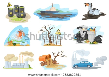 Environment contamination set. Environmental pollution sources, global ecology destruction industrial harmful exhaust pollute air water radioactive garbage neat vector illustration original artwork