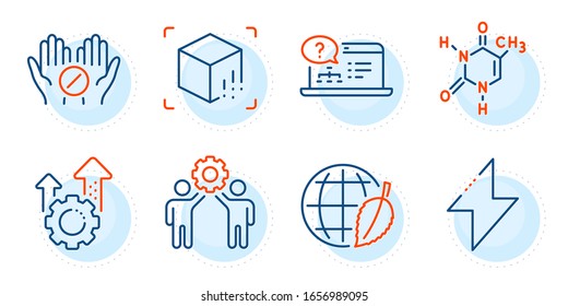 Environment day, Chemical formula and Medical tablet signs. Seo gear, Augmented reality and Employees teamwork line icons set. Energy, Online help symbols. Cogwheel, Virtual reality. Vector