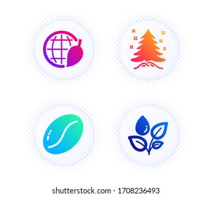 Día del Medio Ambiente, árbol de Navidad y café frijoles iconos conjunto simple. Botón con puntos de tono medio. Señal de regar plantas. Mundo seguro, Spruce, semilla vegetariana. Cae agua. Conjunto natural. Vector