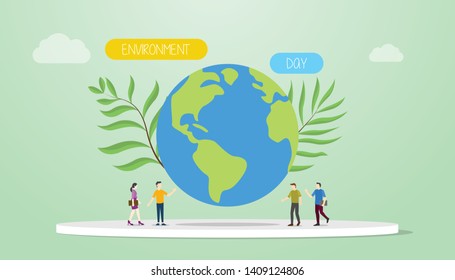 environment day concept with big earth and green plant with team people and words with modern flat style - vector