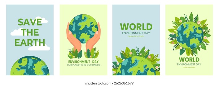 Environment Day or Earth Day illustration set. Poster, poster or postcard on the theme Caring for nature and ecology. Vector illustration on an isolated background