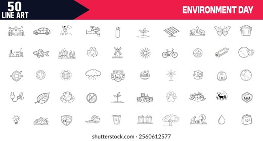 Environment Day Editable Stroke Outline Web Line Art Set - Leaves, Flowers, Butterflies, World Map, Save Planet Concept - World Environment Day Symbol Vector Illustration,