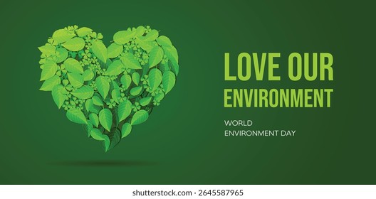 Environment day illustration template with a heart shape made by leaves and with a green dominant color.