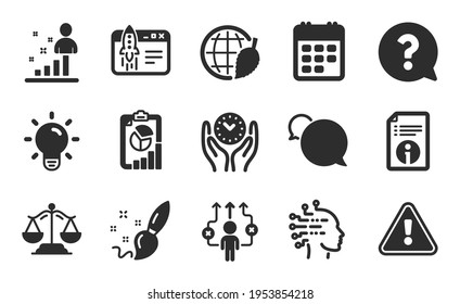Environment day, Justice scales and Start business icons simple set. Paint brush, Light bulb and Safe time signs. Technical info, Report and Business way symbols. Flat icons set. Vector