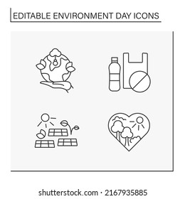 Environment day line icons set. Worldwide awareness. Solar battery, reusable plastic, reforestation. Ecology concept. Isolated vector illustrations. Editable stroke