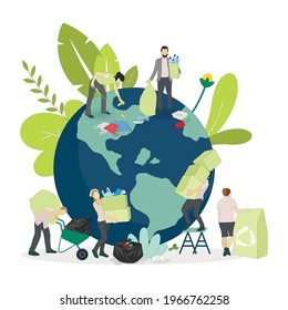 Día del medio ambiente, la gente recolecta basura del planeta, protege el tema de la tierra, ecología amistosa internacional, vector salva el globo verde, ilustración, salva la responsabilidad ecológica