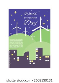 Environment day poster with clean energy, wind turbines, water flow scheme, go green social media post
