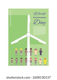 Environment day poster with clean energy, wind turbines, water flow scheme, go green social media post