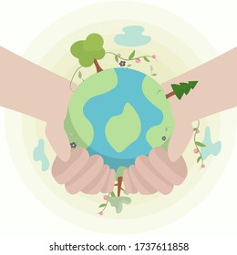 Environment day poster. Hands holding earth vectorial illustration. Nature and human. 