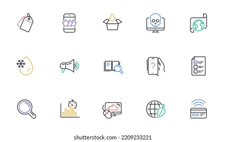 Environment day, Sale tags and Cyber attack line icons for website, printing. Collection of Megaphone, Get box, Voting ballot icons. Freezing water, Translation service. Vector