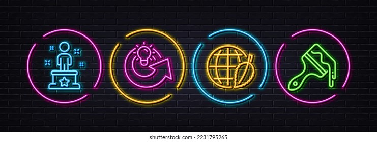 Environment day, Share idea and Success minimal line icons. Neon laser 3d lights. Brush icons. For web, application, printing. Safe world, Solution, Winner person. Art brush. Vector