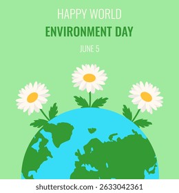Environment Day. Vector illustration of earth with summer flowers and greeting text. Daisy and half globe. EPS 10