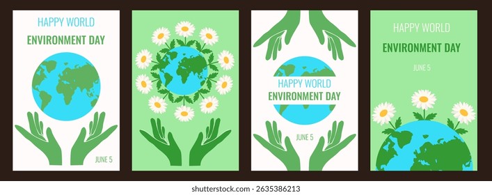 Environment Day. Vector illustration of globe and hands. Perfect Environment Day poster cover set with holiday typography. EPS 10