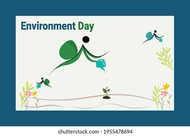 Día del Medio Ambiente, concepto del Día Mundial del Medio Ambiente, Ilustración de diseño plana vectorial, Concepto de protección del medio ambiente, riego manual de dibujos animados en una planta joven