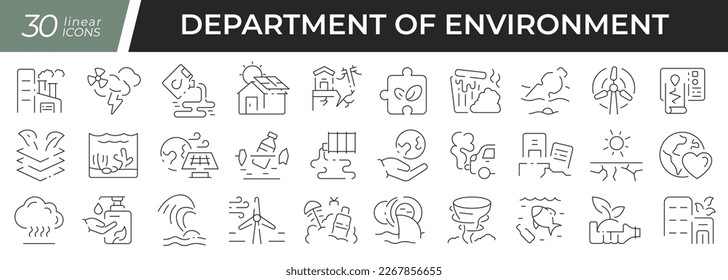 Environment department linear icons set. Collection of 30 icons in black