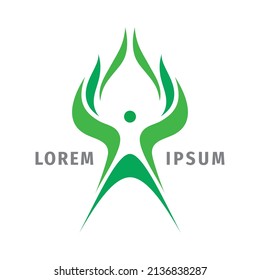 Environment development - business logo design. Abstract stylized human with green leaves icon. Health wellness concept sign. Man with wings. Vector illustration. 