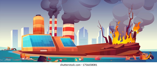 Environment disaster, air and ocean pollution, deforestation. Vector cartoon illustration with black smoke from factory, dirty sea shore polluted by waste and forest fire. Eco problems concept