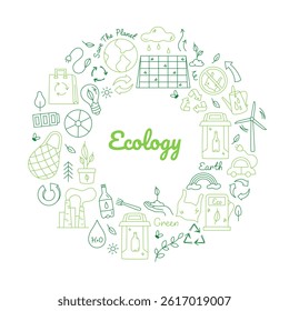 Environment doodle icons. Recycle circle green eco friendly environmental linear symbols, zero carbon emission and sustainable green energy recycling signs. Vector ecological set.
