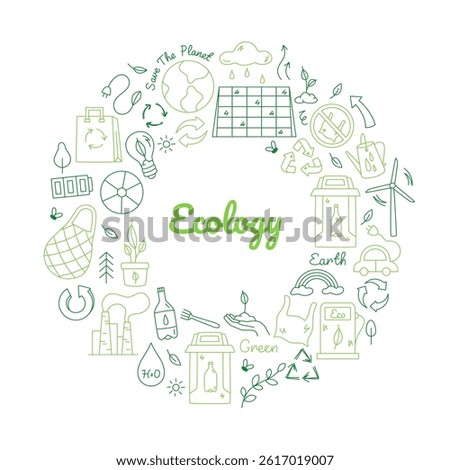Environment doodle icons. Recycle circle green eco friendly environmental linear symbols, zero carbon emission and sustainable green energy recycling signs. Vector ecological set.
