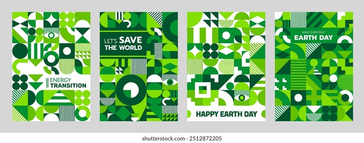 Carteles de ecología del medio ambiente y del día de la tierra con el patrón geométrico moderno verde. Fondo de Vector o Plantilla de portada para la celebración del 22 de abril. Guardar El mundo y las transiciones energéticas Anuncio de Vertical, tarjeta