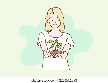 Environment Earth Day. Hands of the girl planting green globe and tree for saving environment nature conservation, ecology concept. Hand drawn in thin line style, vector illustrations.