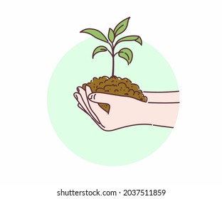 Environment Earth Day. In the hands of trees growing seedlings. Hand drawn in thin line style, vector illustrations.