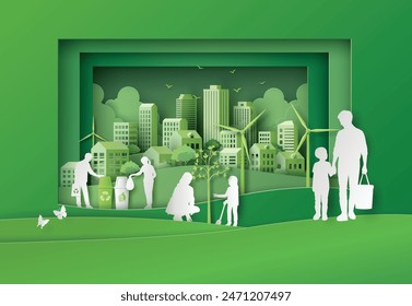 Ambiente y concepto ecológico con una familia Hacer actividades juntos en la ciudad verde, Ilustración vectorial en el arte en papel